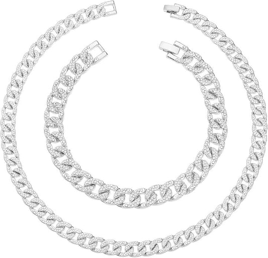 HH BLING EMPIRE 14k Gold/Silver Cuban Link Chain for Women Iced Out Diamond Chunky Cuban Link Necklace Chain Bracelet 2pcs Sets