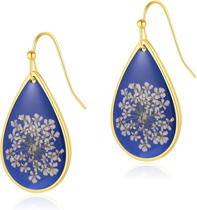 Forget-Me-Not and Queen Anne's Lace Pressed Wildflower Earrings | Pressed Flower Earrings | Handmade Drop and Dangle Earrings | Gift for Woman