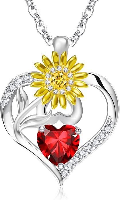 RIVIKO Valentine's Day Gifts for Her-Sunflower Birthstone Necklace for Women,925 Sterling Silver Heart Pendant,Anniversary Birthday Gifts for Women,Birthstone Jewelry for Wife Mother