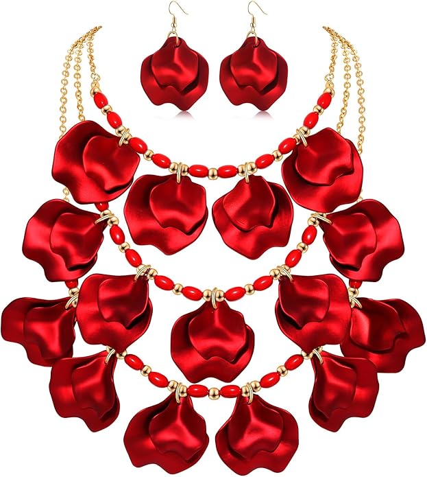 Flower Petal Necklace Earrings Set Layered Statement Beaded Jewelry Set for Women Summer Necklace Earrings