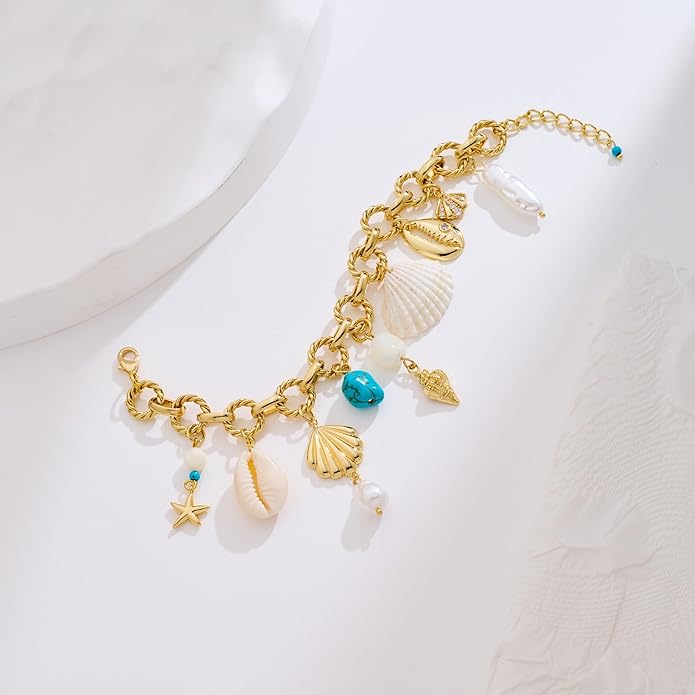 Gold Charm Bracelet for Women Boho Adjustable Shell Starfish Bracelet Summer Beach Ocean Statement Bracelets