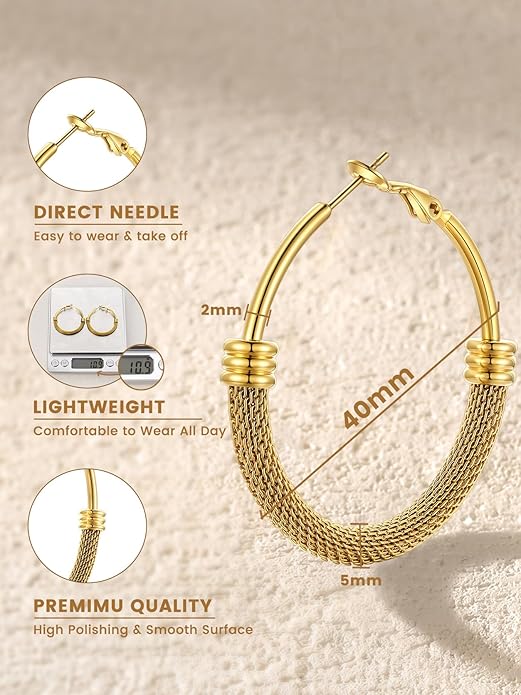 KeyStyle Mesh Hoop Earrings for Women, Stainless Steel Gold Hoops Earring Lightweight Loops, 2MM Thick Hypoallergenic Circle Endless Hollow Hoop 20mm-80mm