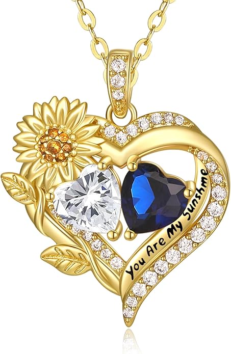 Sunflower Heart Necklace for Women 14K Gold Exquisite Valentines Day Anniversary Birthday Gifts for Wife Mother Her Double Birthstone Pendant Jewelry‘You Are My Sunshine’