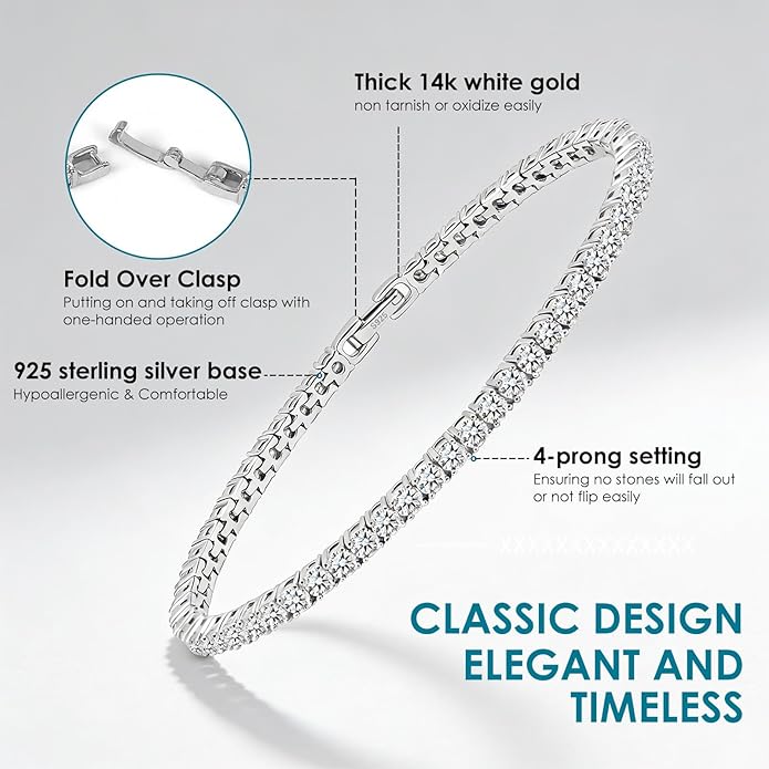 WES Moissanite Tennis Bracelets for Women - Total 5.5ct D Color VVS1 925 Sterling Silver Classic 3mm Round Cut Moissanite Bracelet for Women Men, Size 6.5-7.5 inch