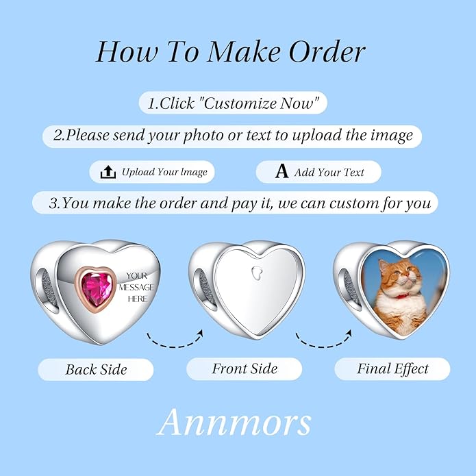 Annmors Personalized Photo Charm for Bracelet Necklaces,925 Sterling Silver Charm Love Heart Shaped Engraved Customize Picture Gift for Birthday Mother's Day Christmas,Bead Charms Jewelry for Women