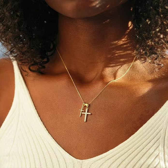 LOVECOM Valentines Gifts S925 Sterling Silver Heart Necklace for Women Dainty 14k Gold Plated CZ Infinity Double Cross Star Pendant Choker Necklaces Trendy Bead Chain Jewelry Gifts for Mom Daughter
