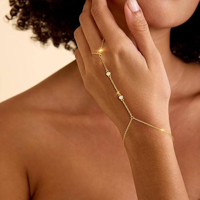 Gold Hand Chain for Women - Adjustable 14K Gold Plated Dainty Ring Bracelet Hand Chain Trendy Finger Ring Bracelet Hand Chains Stack Summer Jewelry for Women