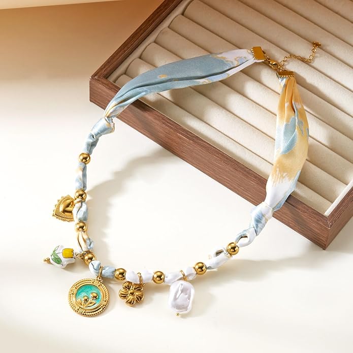 RINHOO FRIENDSHIP Silk Scarf Necklace for Women - Adjustable Boho Vintage Bandana Choker with 18K Non-Tarnish Gold Charms (Assorted Pendants & Patterns) Layered Jewelry Gift Box