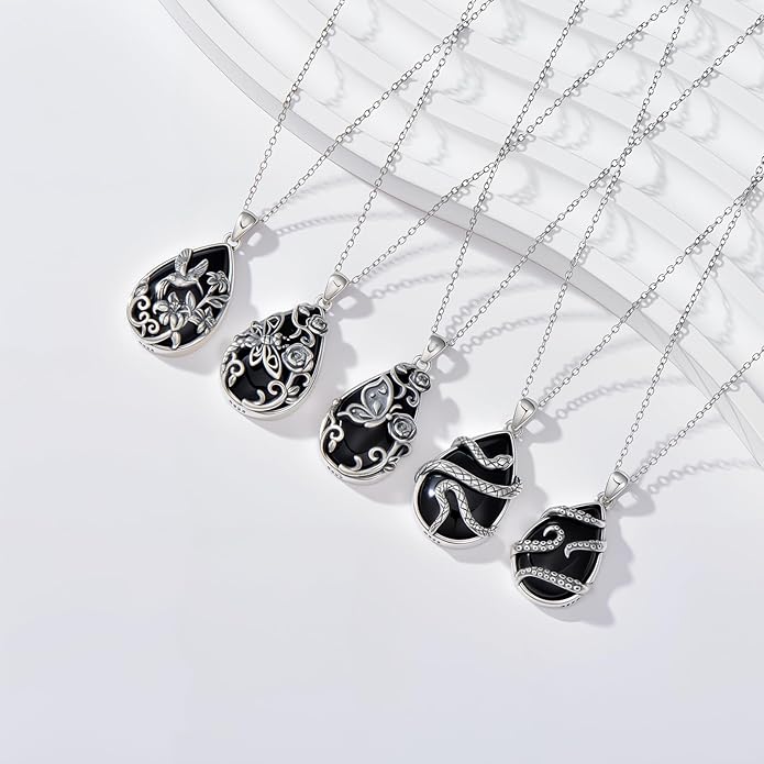 Black Onyx Necklace 925 Sterling Silver Flower Insect Pendant Teardrop Onyx Jewelry Valentines Day Birthday Gifts for Women