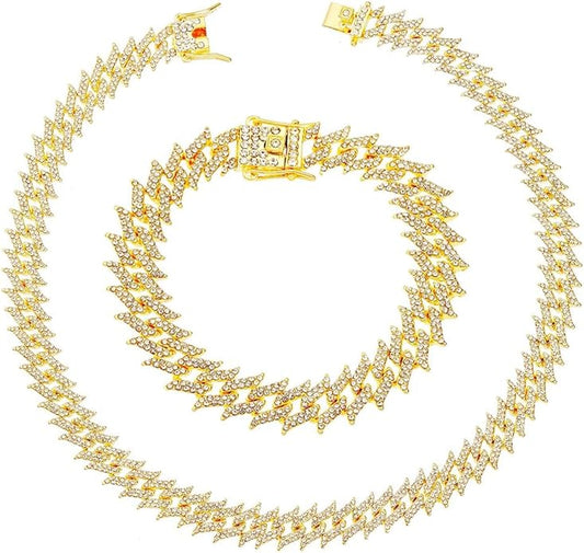 HH BLING EMPIRE 14k Gold/Silver Cuban Link Chain for Women Iced Out Diamond Chunky Cuban Link Necklace Chain Bracelet 2pcs Sets