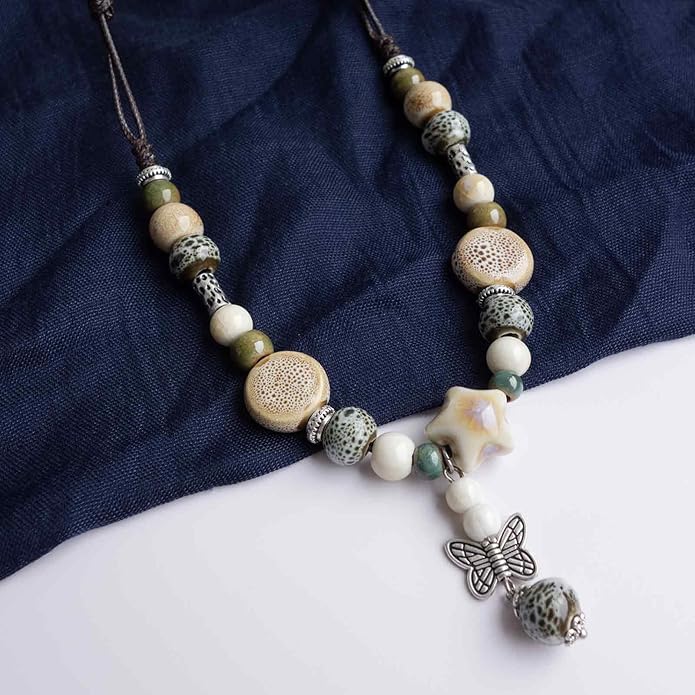 Adjustable Ceramic Beaded Necklace for Women, Boho Handmade Flower Pendant Necklace, Hippie Jewelry for Mom and Wife