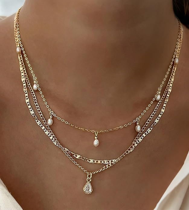 YEEZII Layered Gold Necklaces for Women Trendy, 3 Pcs 14K Gold Plated Choker Paperclip Box Chain Necklace, Stackable Women's Gold Pendant Necklaces Jewelry Set