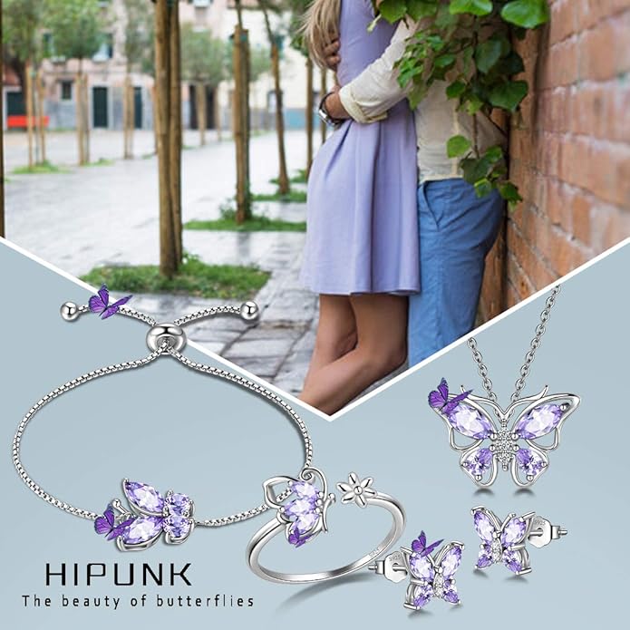 925 Sterling Silver Birthstone Butterfly Jewelry Women Crystal Animal Cute Butterflies Birthday Necklace/Earring/Ring/Bracelet Sets Birth Stone Statement Anniversary Jewellery