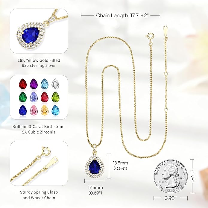 Valentine's Day Gift for Wife/Her-18K Gold Plated Teardrop Birthstone Necklace- with Light-Up Gift Box,Jewelry for Women,Anniversary Birthday Gifts for Women Her Wife Girlfriend Mom,Womens Jewelry