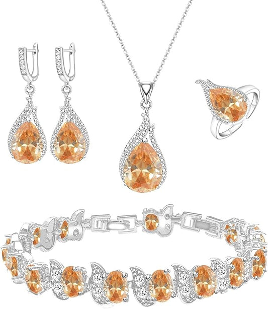 GZWHD Jewelry Set for Women CZ Earrings Necklace Ring Bracelet Set Prom Party Wedding Jewelry Gift for Mother Friend Wife