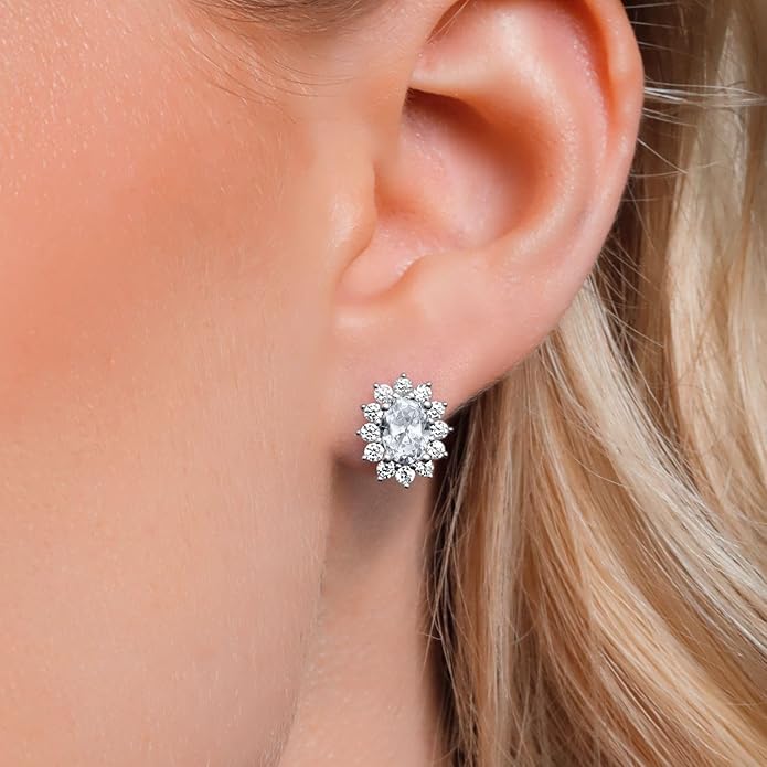 Gem Stone King 7X5MM Oval Gemstone Birthstone Stud Earrings For Women | Princess Diana Royal Halo Style | 925 Sterling Silver | Fine Jewelry Gifts for Anniversary Wedding Her Mom Women Wife
