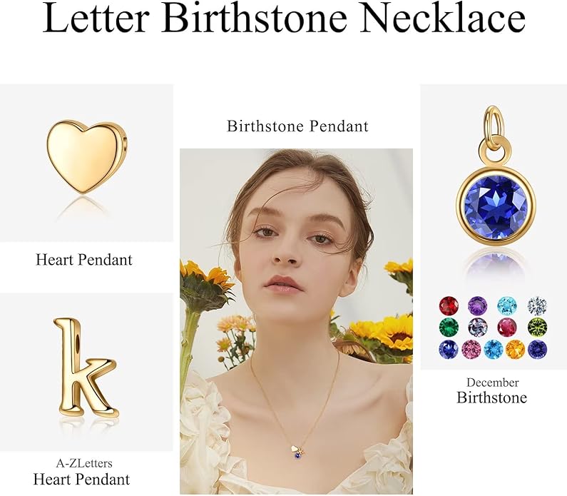 Ursilver Initial Birthstone Necklace for Women - Heart Initial Birthstone Pendant Necklace Personalized Gifts Birthday Gifts for Women