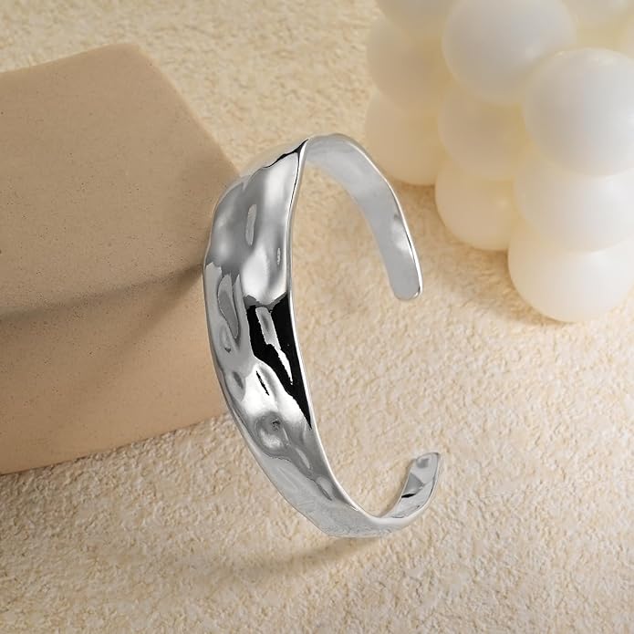 Sterling Silver Chunky Cuff Bracelet Vintage Hammered Texture Style Statement Open Bangle Bracelets for Women