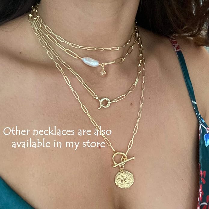Aobei Pearl 18K Gold Plated Moon Star Lion Evil Eye Love Heart Cross Pendant Necklace Medallion Paperclip Chian Choker Layering Jewery for Women