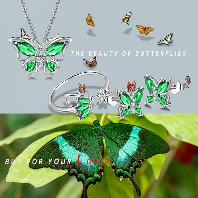 925 Sterling Silver Birthstone Butterfly Jewelry Women Crystal Animal Cute Butterflies Birthday Necklace/Earring/Ring/Bracelet Sets Birth Stone Statement Anniversary Jewellery