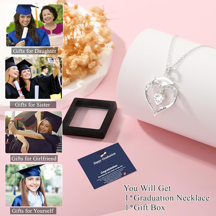 Graduation Gifts for Her Girls 2025 Birthstone CZ Heart Pendant Necklace Class of 2025 College Graduation Friendship Gifts for Her