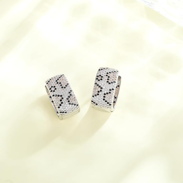 Rose Gold Hoop Earrings for Women, 925 Silver-Plated Thickened Hypoallergenic Earrings, CZ Black Gemstone-Inlaid Earrings - Women's Fashion Jewelry