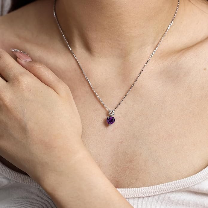 Agvana Valentines Day Gifts 14K White Gold Gemstone Pendant with Sterling Silver Chain 8mm Heart Birthstone Necklace for Women Fine Jewelry Anniversary Birthday Gifts for Women Mom Wife Girlfriend Her