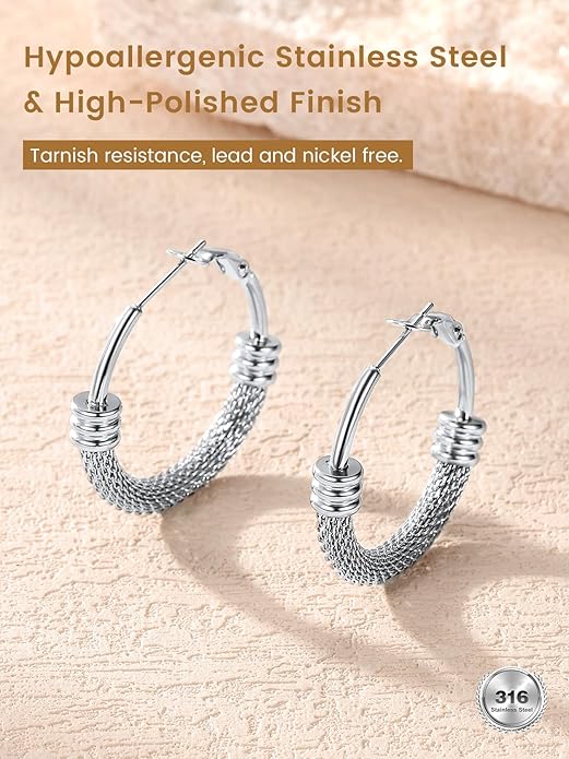 KeyStyle Mesh Hoop Earrings for Women, Stainless Steel Gold Hoops Earring Lightweight Loops, 2MM Thick Hypoallergenic Circle Endless Hollow Hoop 20mm-80mm