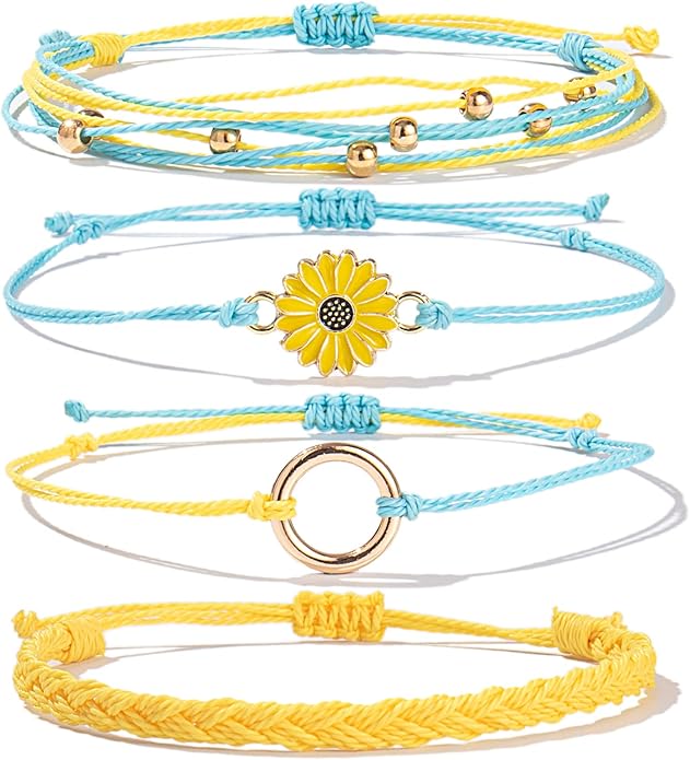 FANCY SHINY Sunflower String Bracelet Boho Braided Rope Wrap Bracelets Cute Summer Beach Surfer Jewelry for Women