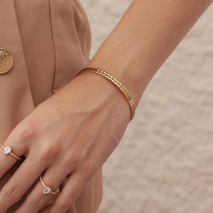PERNNLA PEARL Dainty Gold Bar Bracelet for Women Simple Delicate Thin Cuff Bangle Hook Bracelet 18K Gold Plated Handmade Minimalist Jewelry