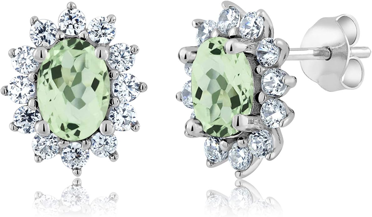 Gem Stone King 7X5MM Oval Gemstone Birthstone Stud Earrings For Women | Princess Diana Royal Halo Style | 925 Sterling Silver | Fine Jewelry Gifts for Anniversary Wedding Her Mom Women Wife