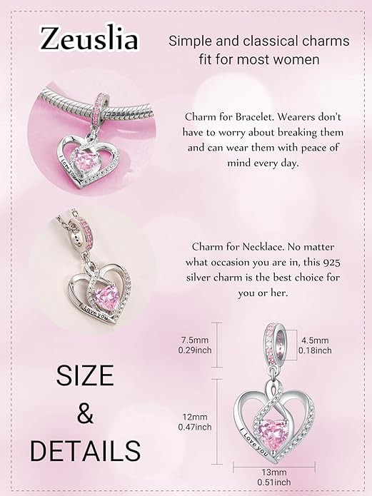 Heart Birthstone Charms for Bracelets, 925 Sterling Silver Women Bead Charms for Charm Bracelets Necklace, Mother's Day Birthday Anniversary Jewelry Gifts for Wife Mom Grandma Daughter