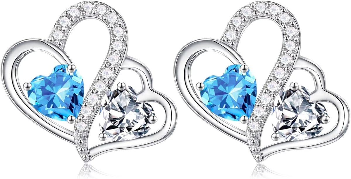 Iefil Valentines Day Gifts for Her - Birthstone Earrings Gift for Women, 925 Sterling Silver Double Heart Birthstone Earrings | Anniversary Birthday Gifts for Women, Personalized Jewelry for Wife Mom