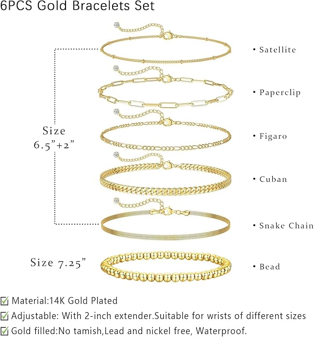 Luxval Gold Bracelets for Women 18K Gold Plated Stack Bracelet Jewelry Beaded/Paperclip/Satellite/Figaro/Snake/Cuban Link chain Bracelets Fashion Jewelry Accessories Gifts for Women Girls