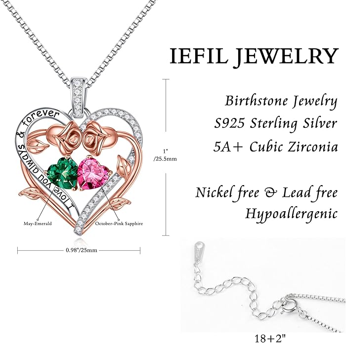 Iefil Valentines Gifts for Her Wife Women - Rose Heart Double Birthstone Necklace Gift for Wife Girlfriend Her Women, Birthstone Jewelry Gemstone Birthday Gifts for Mom Grandma Her