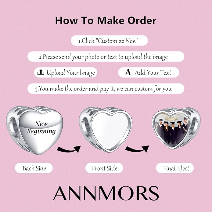 Annmors Personalized Photo Charms For Bracelets/Necklace 925 Sterling Silver Love Heart Shaped Engraved Customize Picture Gift for Birthday Mother's Day,Bead Charms Jewelry for Women