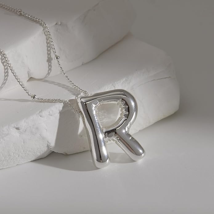 Inerney Valentines Day Gifts Gold Bubble Letter Necklace Initial Necklaces for Women, Chunky 14K Plated Balloon Initials, Trendy Charm Non Tarnish Custom Name Pendant Jewelry Gifts for Mom