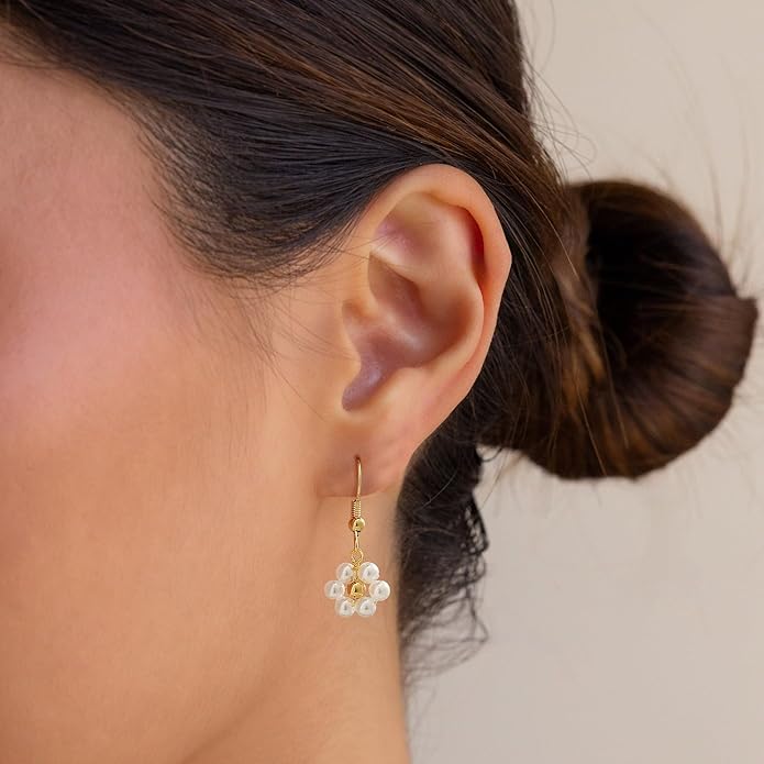 Gold Pearl Dangle Earrings for Women, 14K Gold Plated Small Pearl Drop Huggie Hoop Earrings, Hypoallergenic Dainty Gold Earrings Wedding Jewelry Gifts for Women Trendy