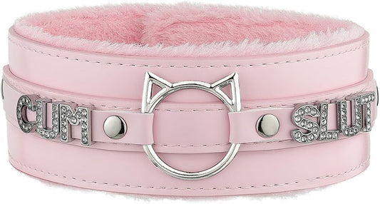 Handmade Collar Choker Necklace for Women – Cat Ear O-Ring Punk Goth Letter Choker,Black/Pink Furry Alt Fashion Jewelry