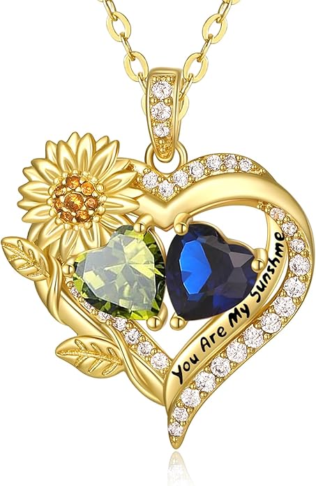 Sunflower Heart Necklace for Women 14K Gold Exquisite Valentines Day Anniversary Birthday Gifts for Wife Mother Her Double Birthstone Pendant Jewelry‘You Are My Sunshine’