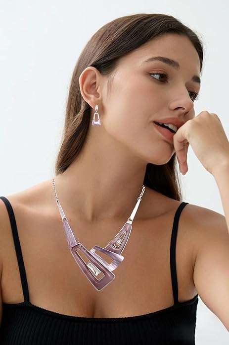 SFE Irregular Enamel Triangle Shape shell Collar Bib Bohemian Boho Statement Necklace Earrings Fashion Costume Jewelry Set for Women