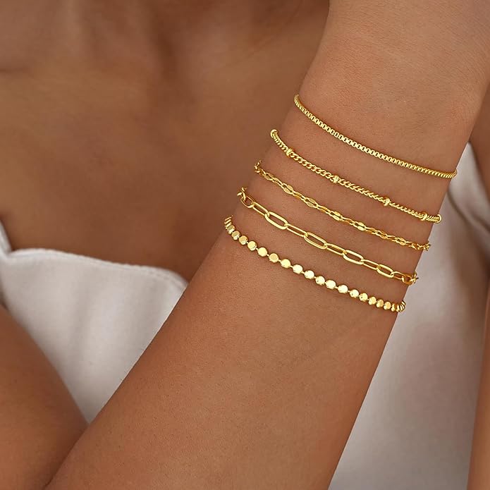 Gold Bracelets for Women, Trendy Adjustable 14K Gold Plated Stackable Link Bracelet, Dainty Thin Paperclip Chain Bracelets Stack Set