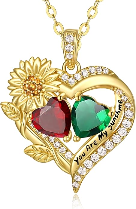 Sunflower Heart Necklace for Women 14K Gold Exquisite Valentines Day Anniversary Birthday Gifts for Wife Mother Her Double Birthstone Pendant Jewelry‘You Are My Sunshine’