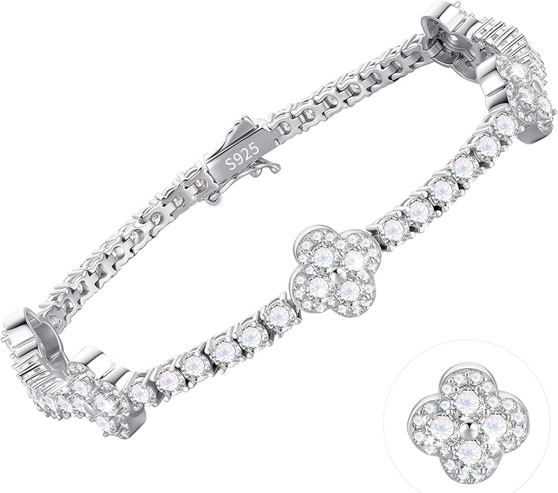 MOOSEA Valentines Day Gifts for Her - Clover Moissanite Tennis Bracelet, Lab Created Moissanite, 6.28-6.68 ct.tw, 925 Sterling Silver Tennis Bracelet for Women Anniversary Birthday Gifts 7.0-7.5INCH