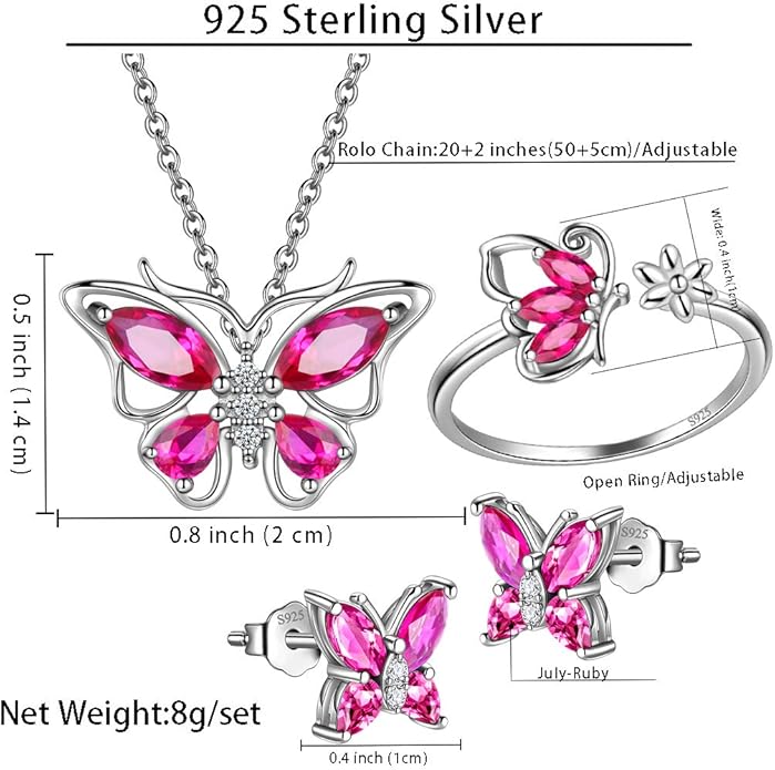 925 Sterling Silver Birthstone Butterfly Jewelry Women Crystal Animal Cute Butterflies Birthday Necklace/Earring/Ring/Bracelet Sets Birth Stone Statement Anniversary Jewellery