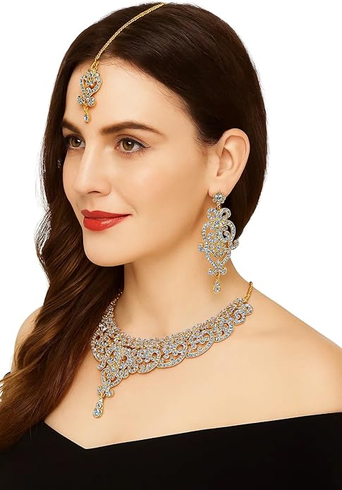 Touchstone Indian jewelry set for women bollywood gold jewellery wedding outfits necklace sets earrings bridal maang tikka fancy costume girls big desi accessories rhinestone in gold or silver tone