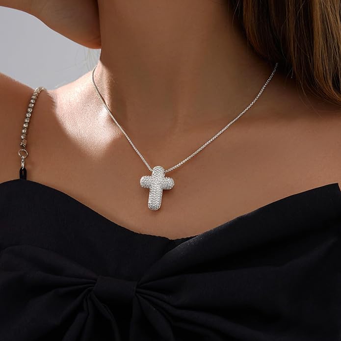 OGD Bubble Cross Necklace for Women 14k Gold Plated Cross Necklace Stackable Dainty Gold Necklace Mariner Chain Necklace CZ Cross Pendant Necklaces Set Simple Jewelry Gift