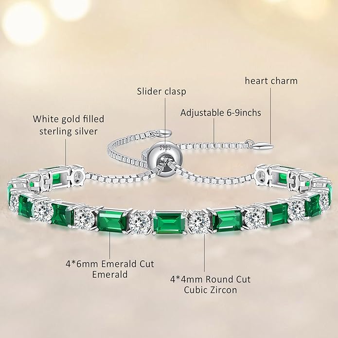 Birthstone Tennis Bracelets for Women White Gold Sterling Silver Gemstone Bracelets Adjustable Chain 6-9 Inchs Jewelry Anniversary Birthday Gifts for Women Mom Wife Her