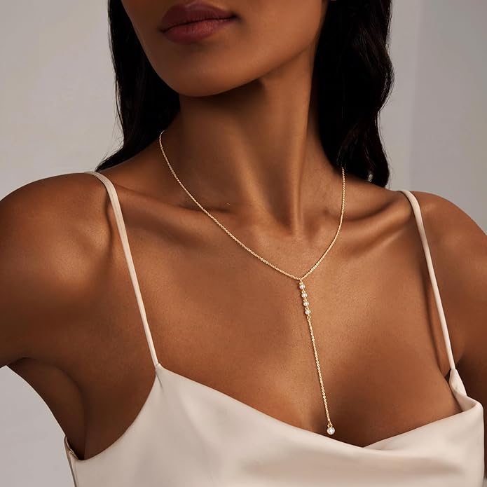 Lariat Gold Necklace for Women, Dainty Long Necklace 14k Gold Plated/Silver Y-Shaped Layered Beaded Chain Drop Necklaces for Women Trendy Simple Gold Jewelry for Women Gifts