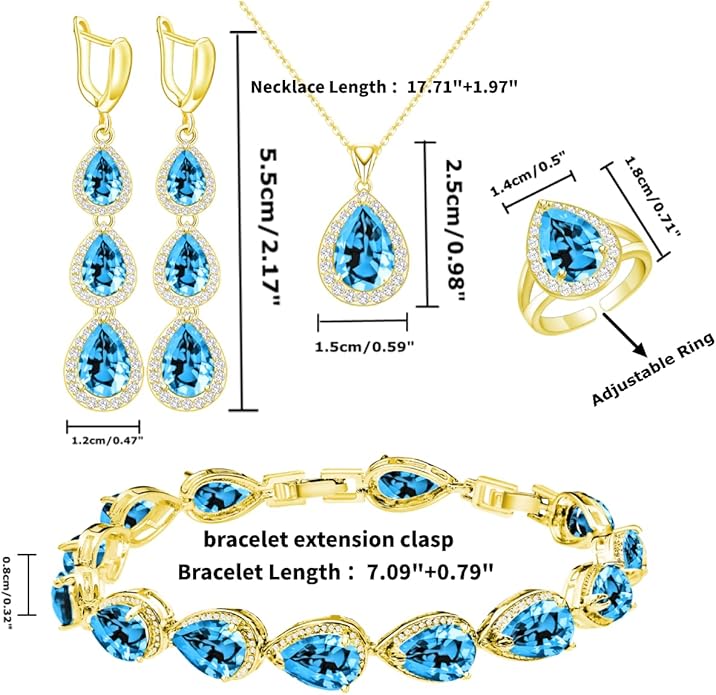 LMXXVJ Necklace Long Earrings Bracelet Set, White Gold Plated Created Blue Sapphire Jewelry Set Wedding Party Gift Jewelry for Women Bridal Bridesmaid